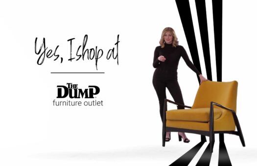 Woman on geometric backdrop with furniture