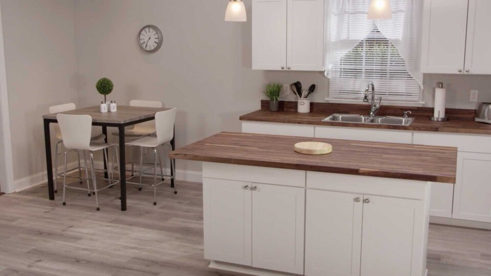 Butcher block cabinetry installed by LL Flooring